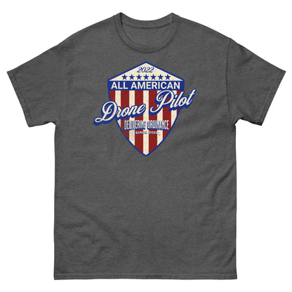 All American Drone Pilot Champion T-Shirt with patriotic shield design, perfect for aerial performance enthusiasts.