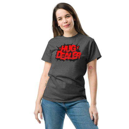 Woman wearing dark gray 'Hug Dealer' t-shirt with comic book style design, promoting affection and emotional support.