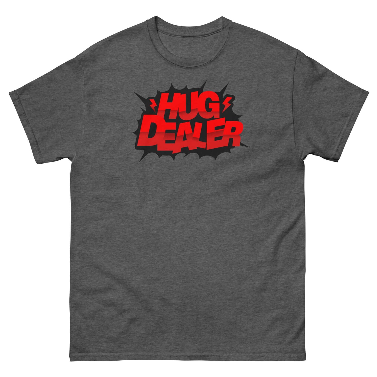 "Hug Dealer T-Shirt with bold comic book style design on gray fabric - Wholesome embrace enthusiast apparel."