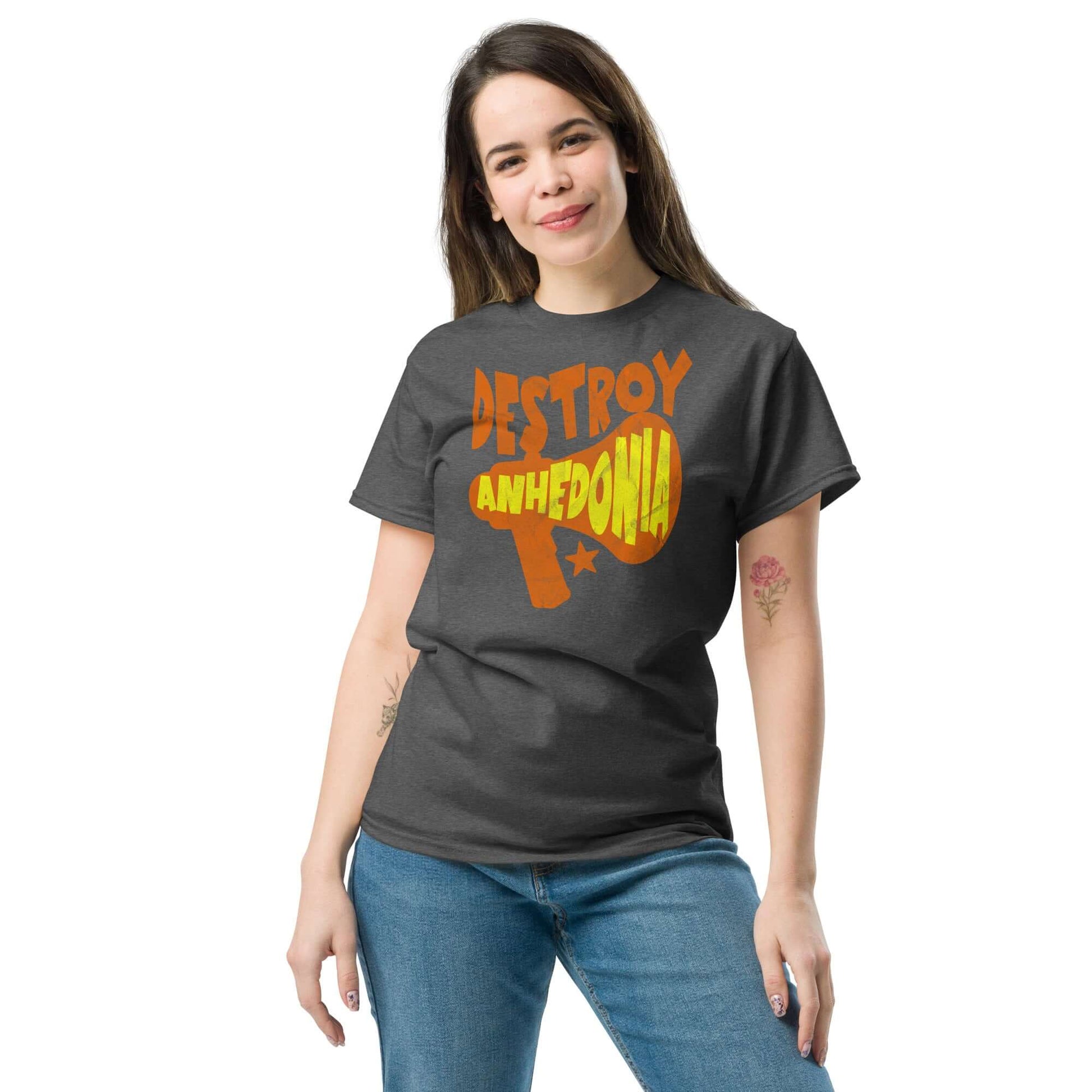 Woman wearing Destroy Anhedonia T-shirt with mental health activism message and punk attitude.