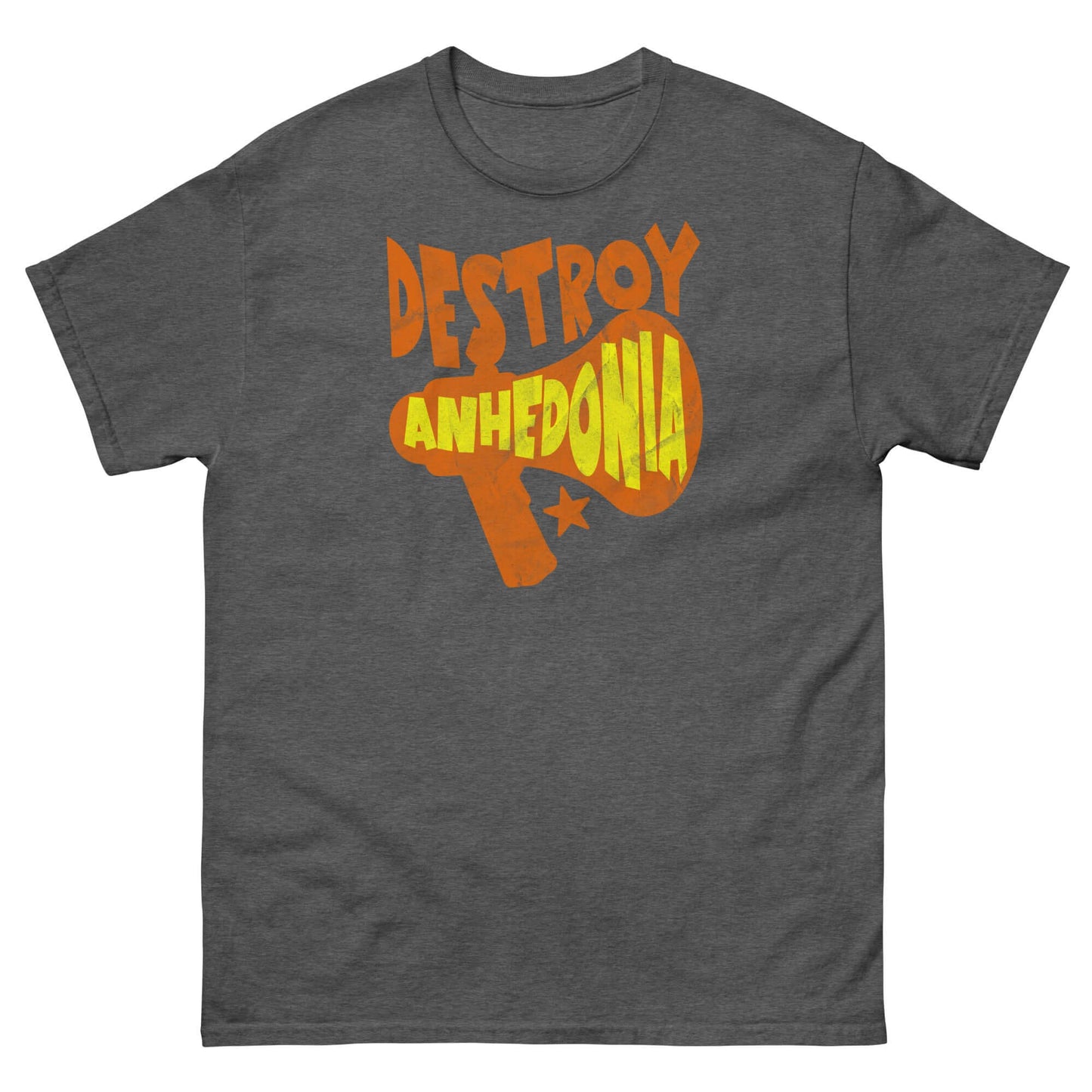 Destroy Anhedonia T-Shirt featuring bold orange text design on a dark gray background, promoting mental health activism with punk flair.