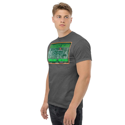 Model wearing a "Biologist Mode Life Finds A Way" T-shirt featuring a retro chalkboard design with DNA and science motifs.