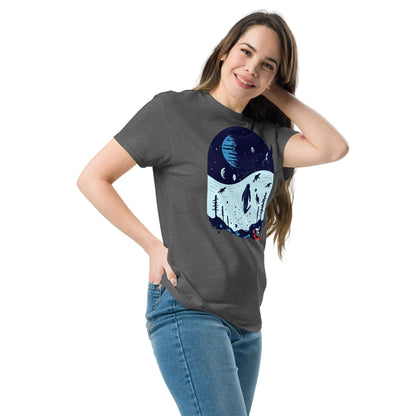 Woman wearing Space Dinosaur Slopes T-Shirt featuring T-Rex skiing in space with planets backdrop by Technium Foundry.