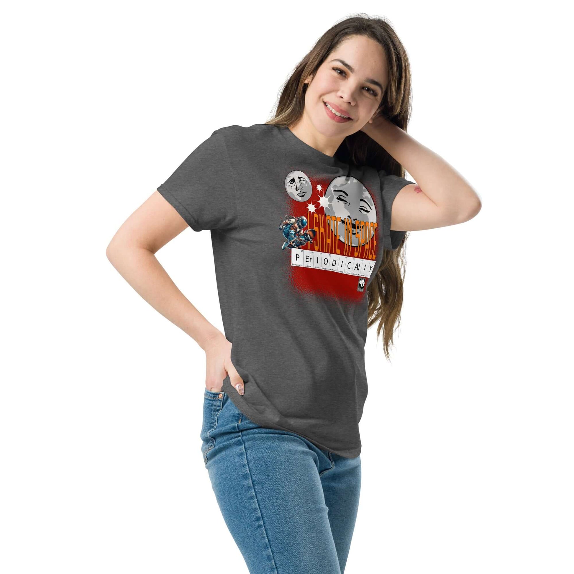 Woman wearing Skate in Space Periodically T-Shirt, featuring astronaut and Moon design with periodic table elements spelling "PERIODICALLY."