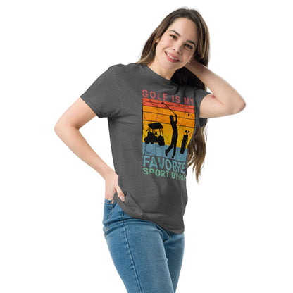 Woman wearing Golf Pun T-Shirt with retro sunset and golf design, perfect gift for golfers. Casual style with a touch of humor.