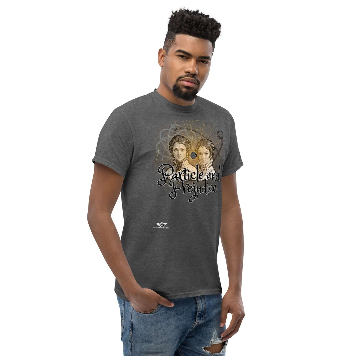 Particle and Prejudice Literature & Physics Fusion T-Shirt | Classic Romance Meets Quantum Science Color: Black T-Shirt Size: S Apparel & Accessories Technium Foundry