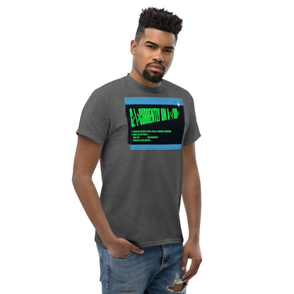 Man wearing a "Currently On a <br>" humor T-shirt with HTML syntax design in terminal green on a gray background.