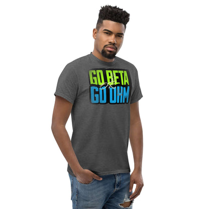 Go Beta Go Ohm T-Shirt featuring pun design, worn by model, blending physics with fashion for science enthusiasts.