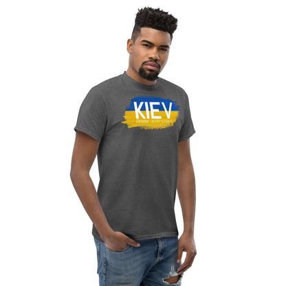 Man wearing Kiev City Pride T-Shirt with Ukraine flag colors and city name design, showcasing national pride and fashion.