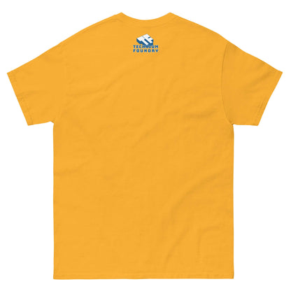 Back view of a yellow t-shirt featuring a small blue logo near the collar. Plain and simple design with short sleeves and a comfortable fit.