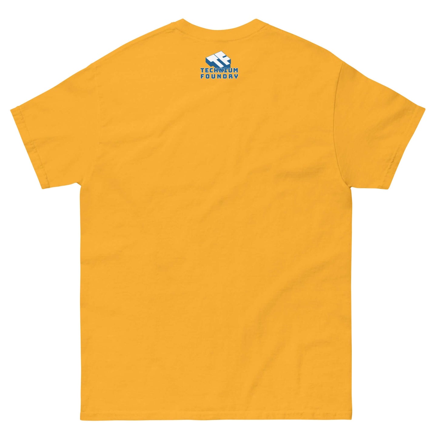 Back view of "One Over 137" yellow t-shirt with Technium Foundry logo, inspired by the fine-structure constant in physics.