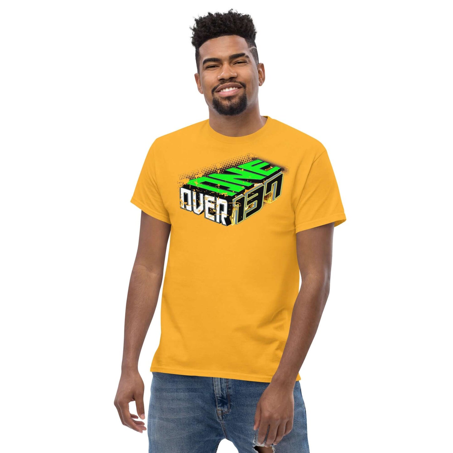 Man wearing yellow One Over 137 T-shirt with 3D typography celebrating the fine-structure constant in physics-inspired street style.