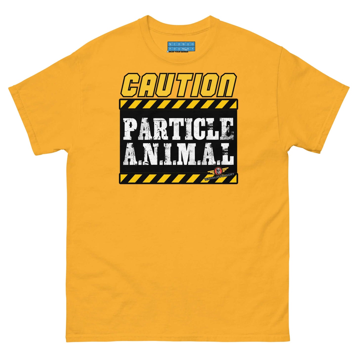 Particle Animal Caution Sign Physics T-Shirt | Science Humor Color: Gold T-Shirt Size: S Apparel & Accessories Technium Foundry