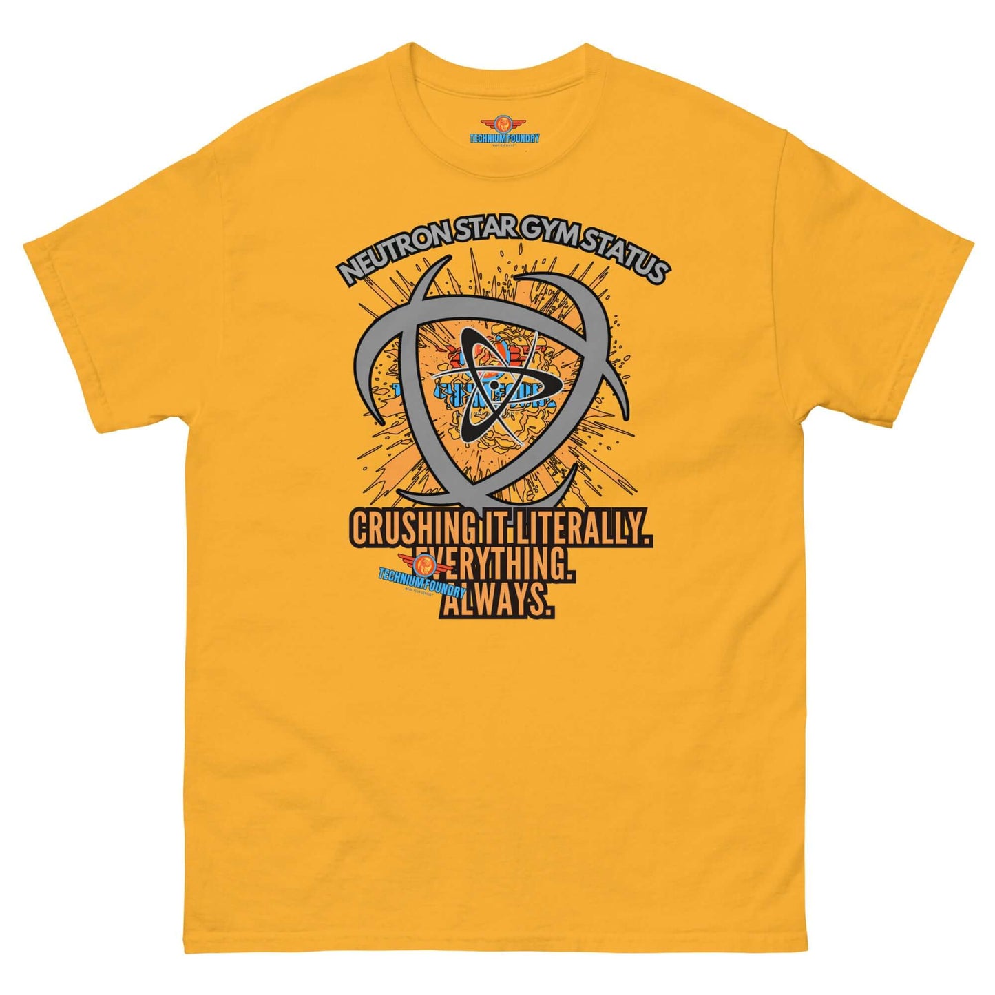 "Neutron Star Gymnast Tee from Technium Foundry's Science & Tech Apparel Collection in yellow with cosmic design"