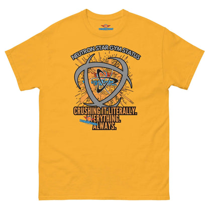 "Neutron Star Gymnast Tee from Technium Foundry's Science & Tech Apparel Collection in yellow with cosmic design"