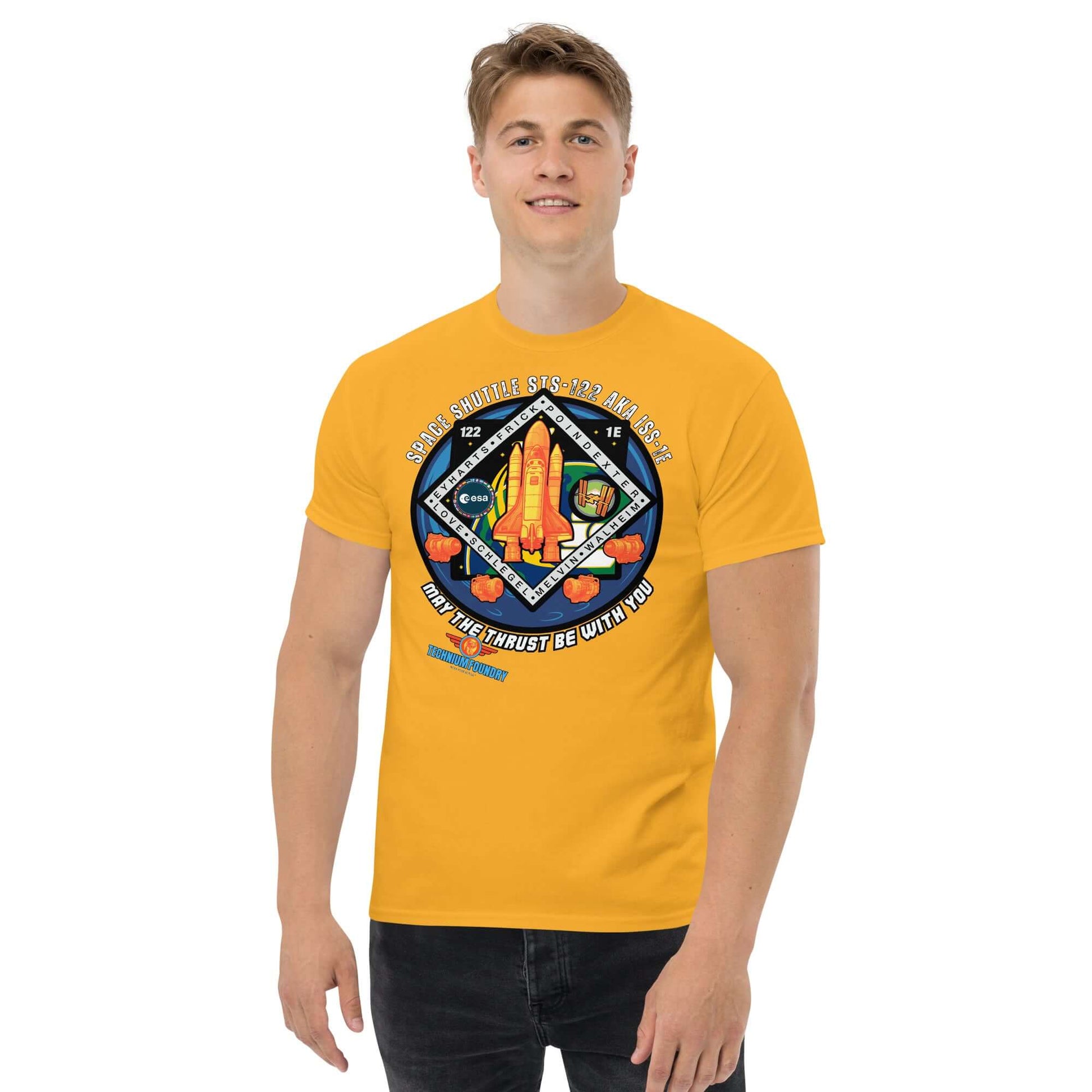 Yellow Space Shuttle Tee with STS-122 patch, "May The Thrust Be With You" design, Science & Tech Apparel by Technium Foundry.