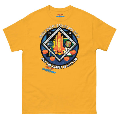 Yellow Space Shuttle Tee with STS-122 patch and "May The Thrust Be With You" slogan. Part of Science & Tech Apparel Collection by Technium Foundry.