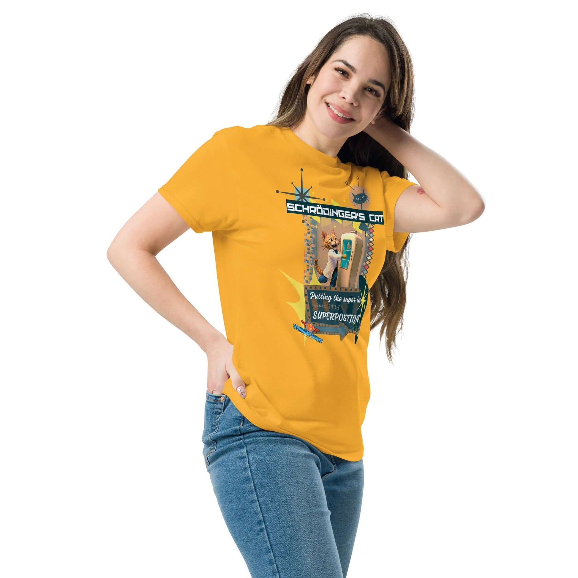 Woman wearing Schrödinger's Cat tee from Technium Foundry's Science & Tech Apparel Collection, showcasing quirky quantum design.