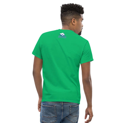 Back view of a man wearing a green t-shirt with a logo, perfect for casual outings.