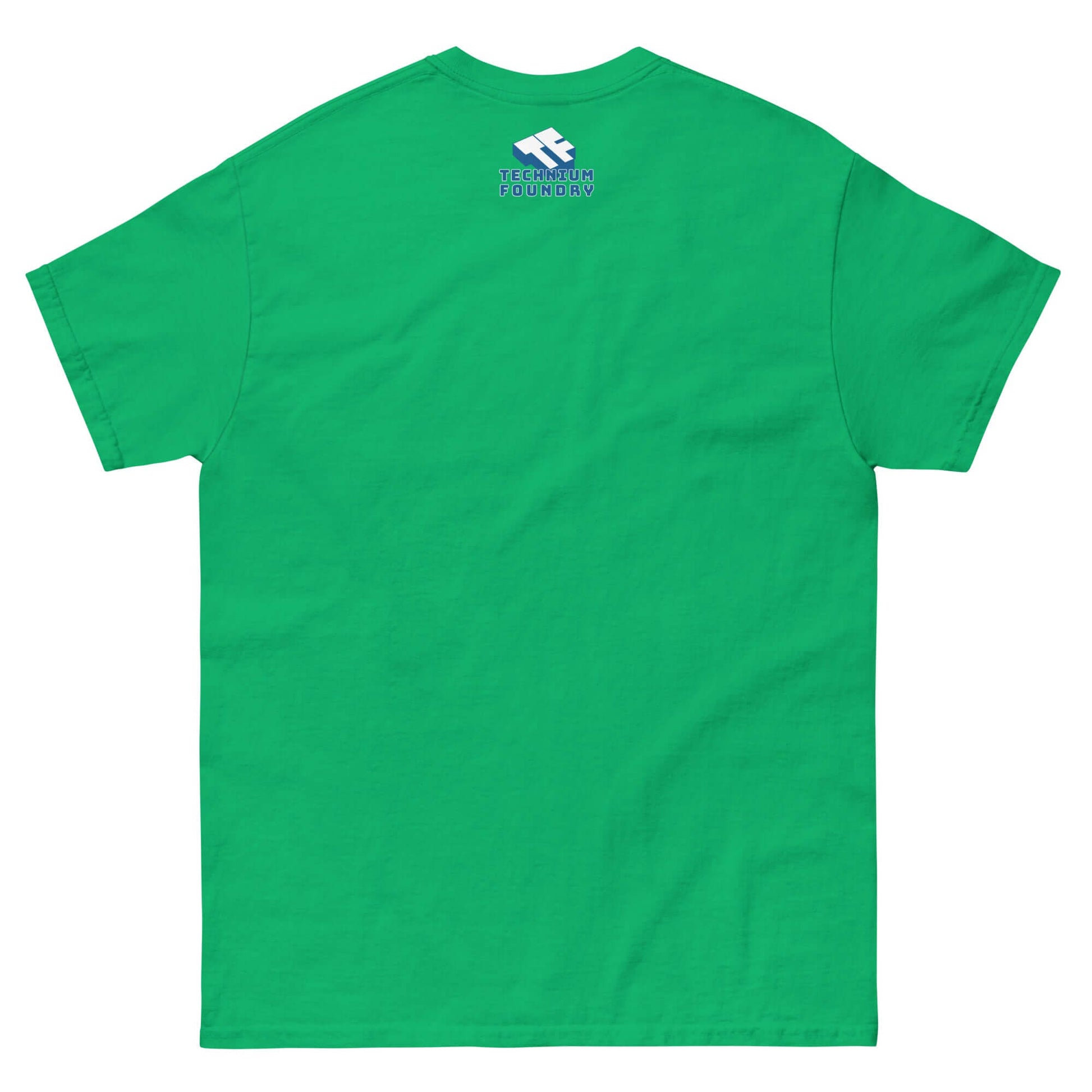 Back view of green cotton t-shirt with small logo near the collar.