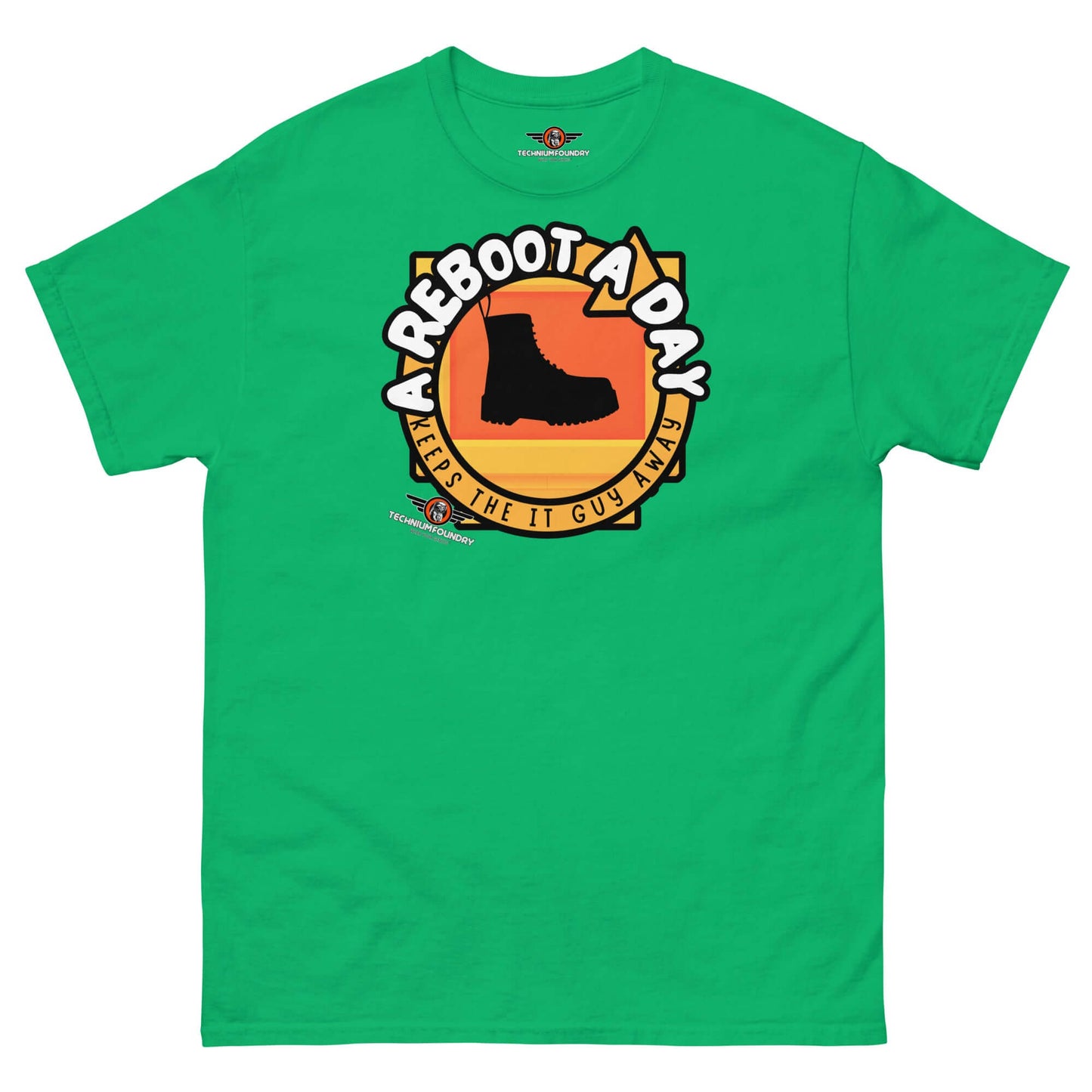 A Reboot A Day - IT Support Humor T-Shirt | Tech Help Desk Boot Design Color: Irish Green T-Shirt Size: S Apparel & Accessories Technium Foundry