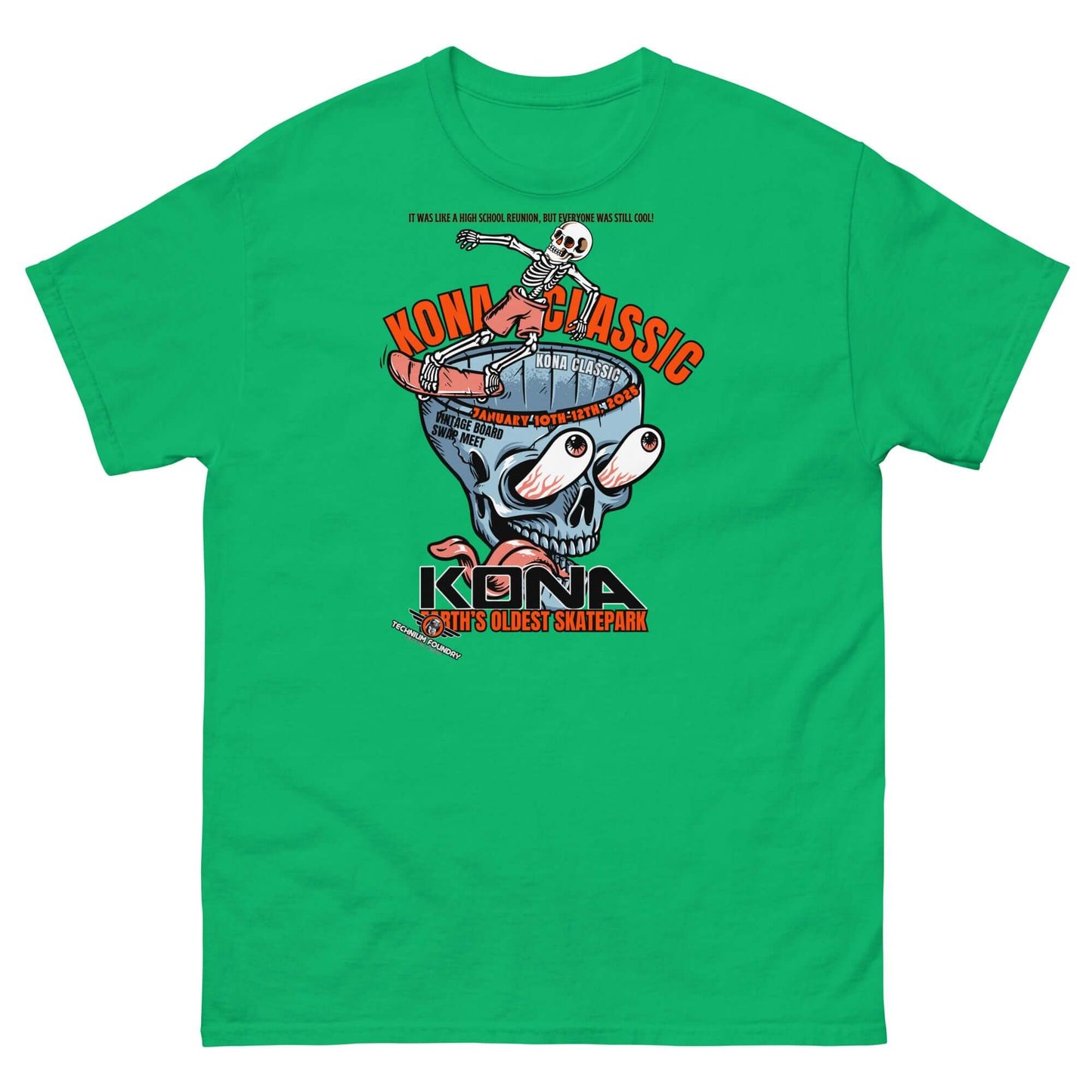 Kona Classic Skater T-Shirt | America's Oldest Skatepark Event Tee Color: Irish Green T-Shirt Size: S Apparel & Accessories Technium Foundry