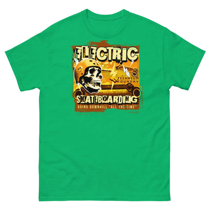 Green Electric Skateboarding T-Shirt featuring skeleton and helmet design, inspired by vintage warning posters and spicy physics.