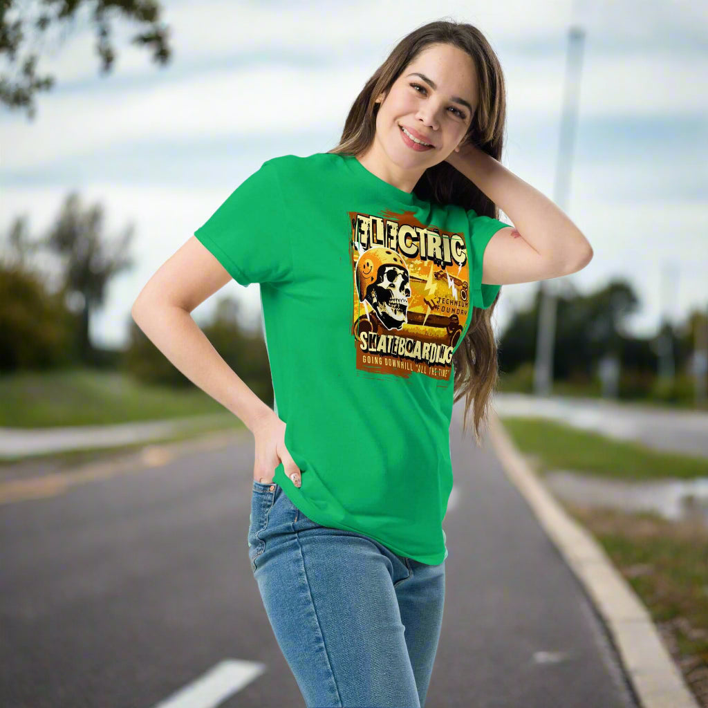 Woman wearing Electric Skateboarding T-Shirt with vintage skeleton design on a scenic road, promoting physics-themed apparel.