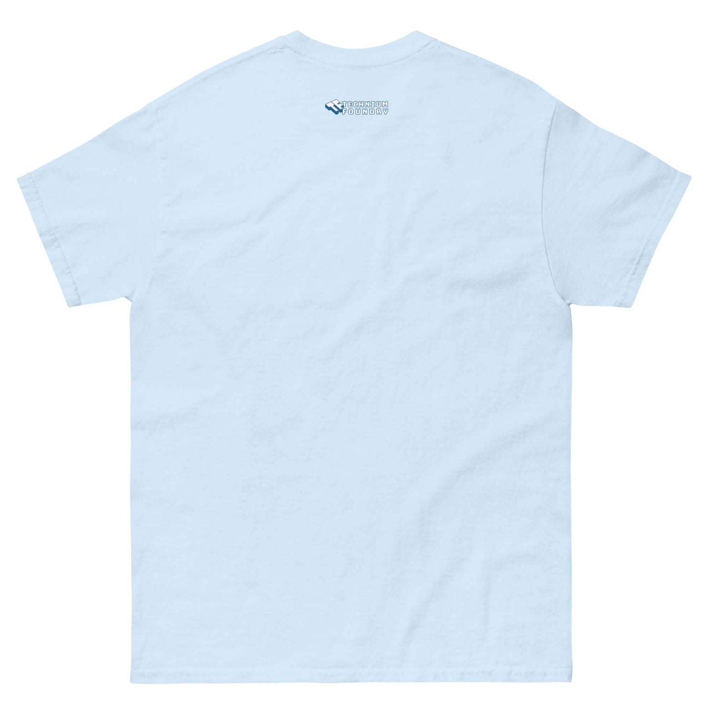 Back view of light blue t-shirt featuring small logo near the collar.