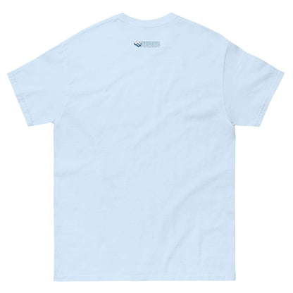 Back view of light blue t-shirt featuring small logo near the collar.