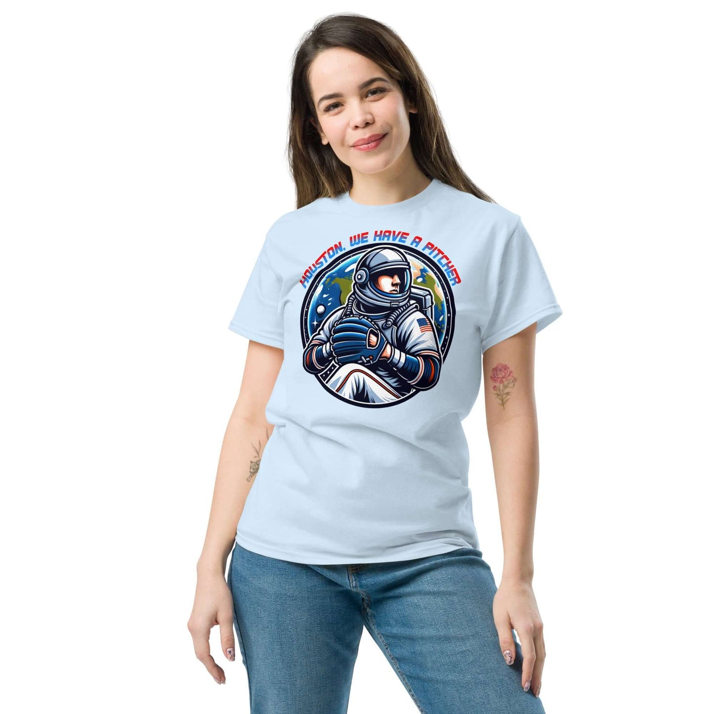 Woman wearing "Houston, We Have A Pitcher" T-shirt by Technium Foundry, featuring an astronaut pitcher design.