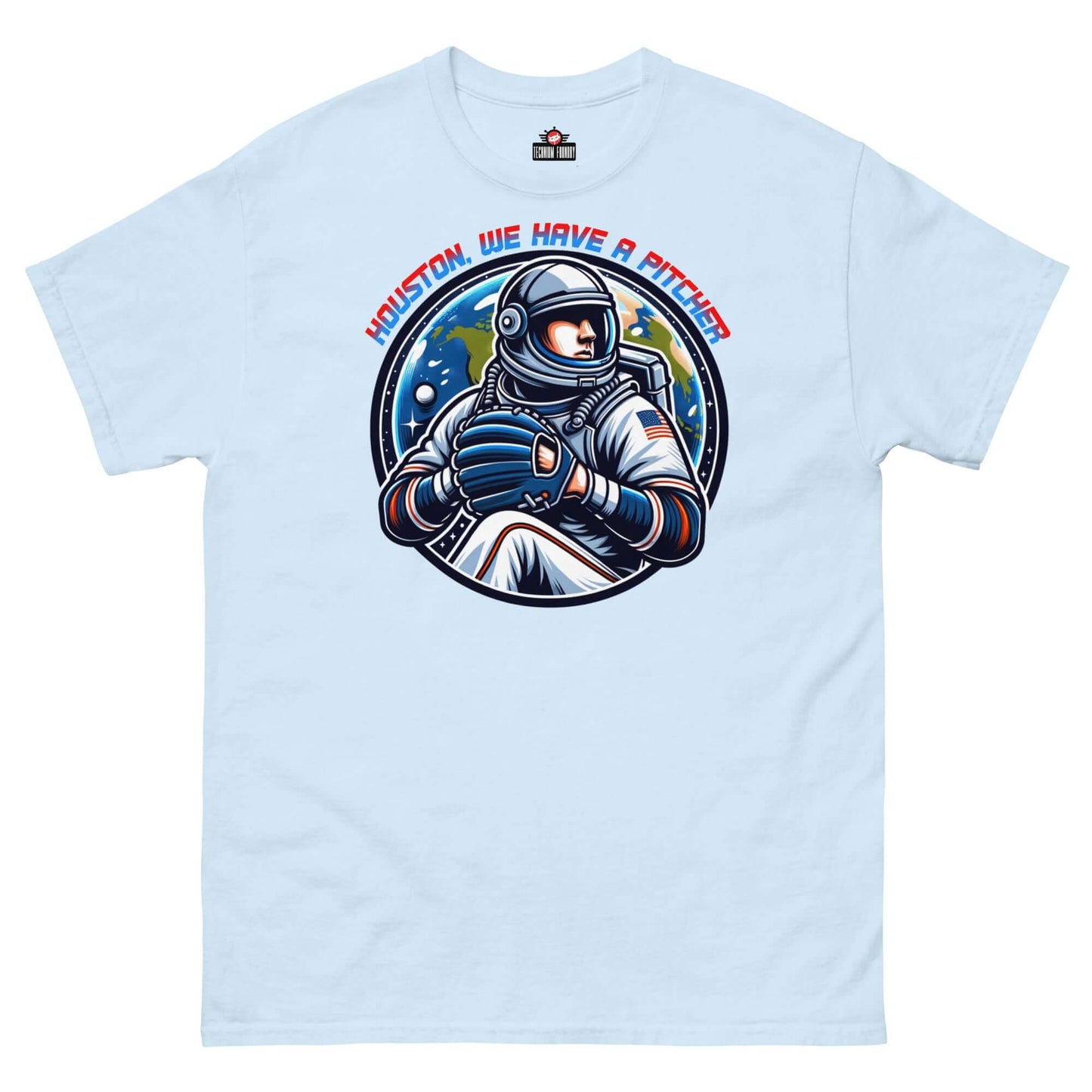 "Houston, We Have A Pitcher T-Shirt featuring space-themed baseball design by Technium Foundry"