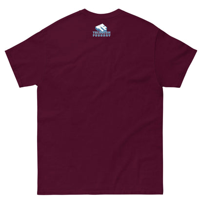 Back view of maroon Robot Therapist T-Shirt with printed text, ideal for fans of android-themed humor and artificial psychology.