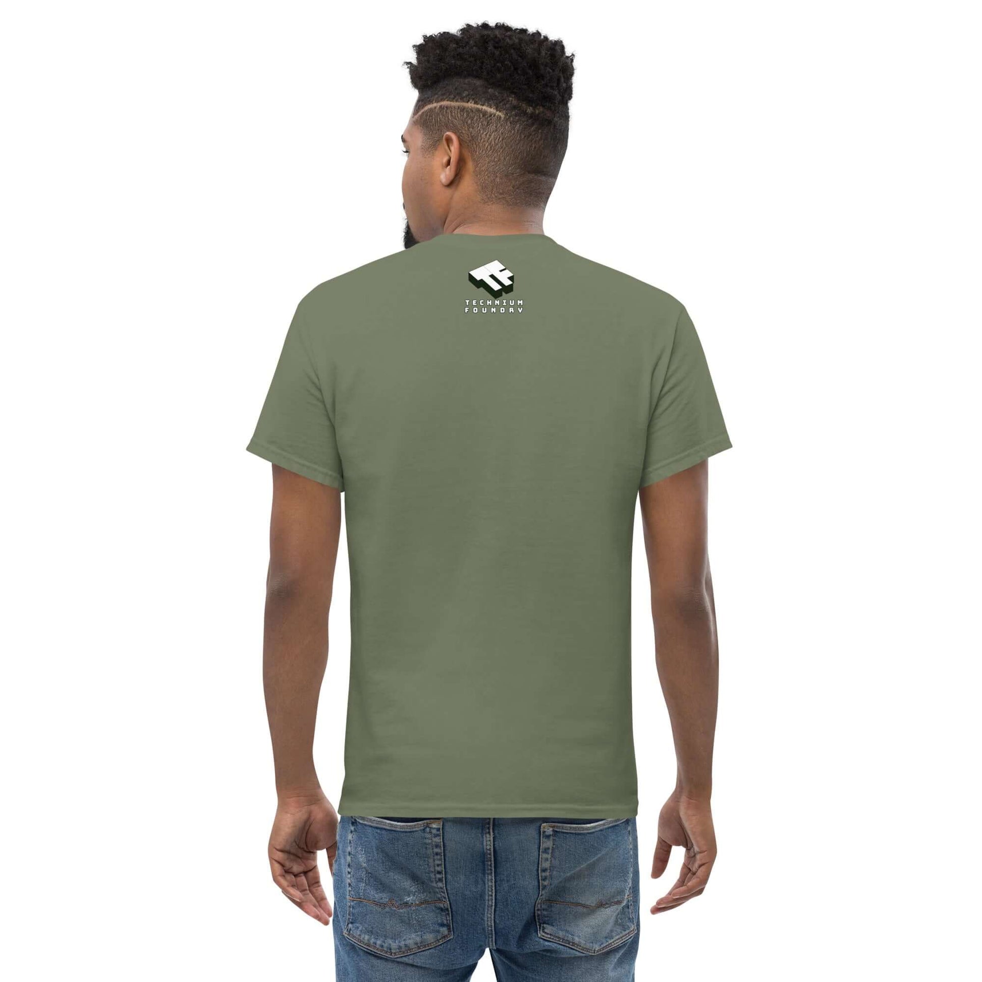 Back view of "Primordial Photons" astronaut science t-shirt in olive green, worn by model.