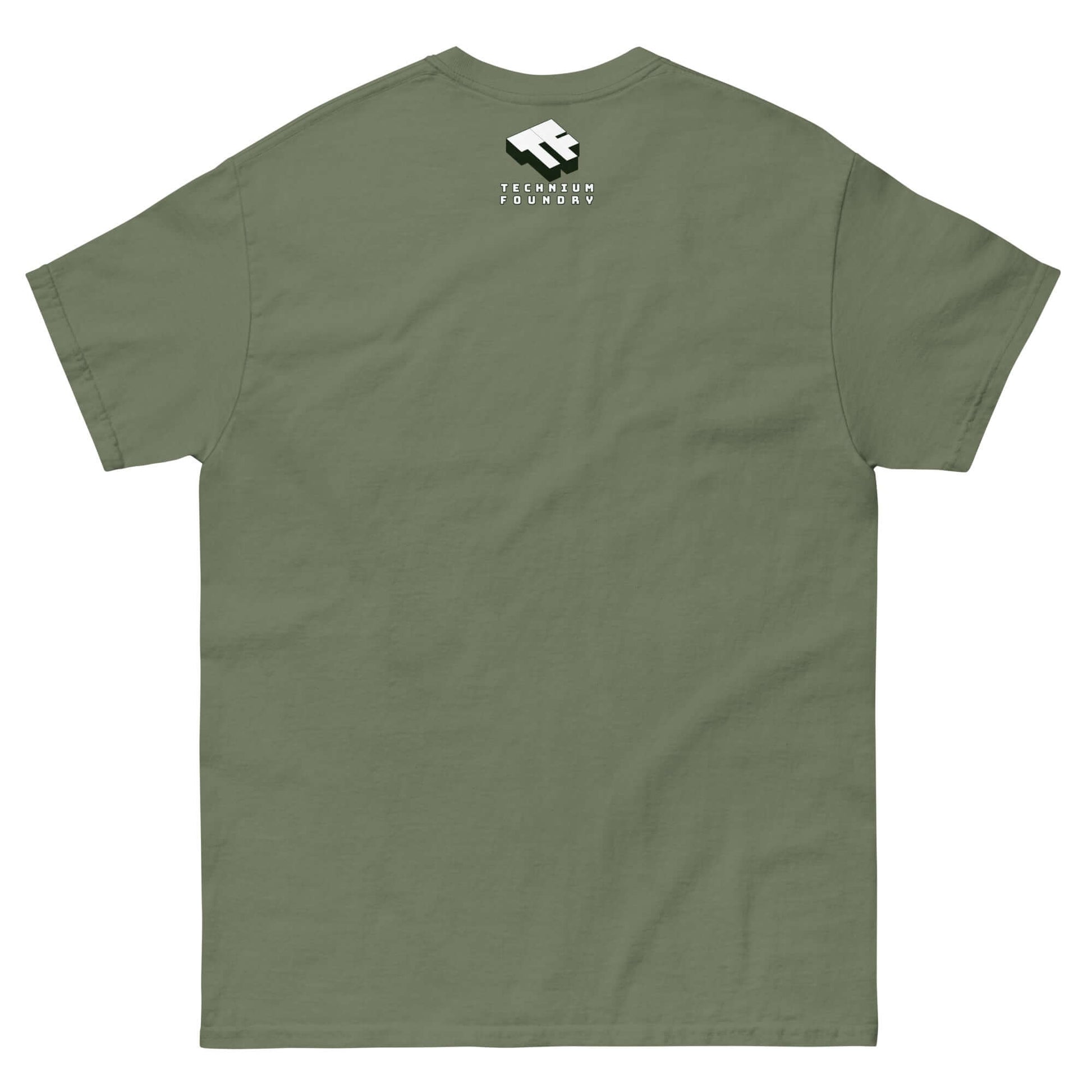 Olive green t-shirt back view with small logo below collar.