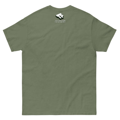 Back view of olive green T-shirt with white graphic logo at upper center