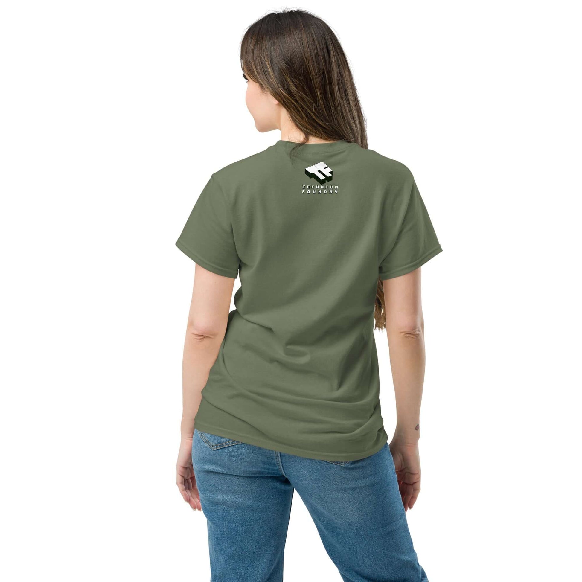 Woman wearing olive Starfish Prime T-Shirt, showcasing retro nuclear space test design on back.