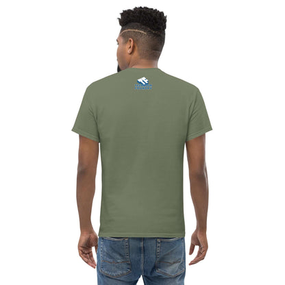 Back view of a person wearing an olive green t-shirt featuring a subtle logo near the neck, paired with blue jeans.