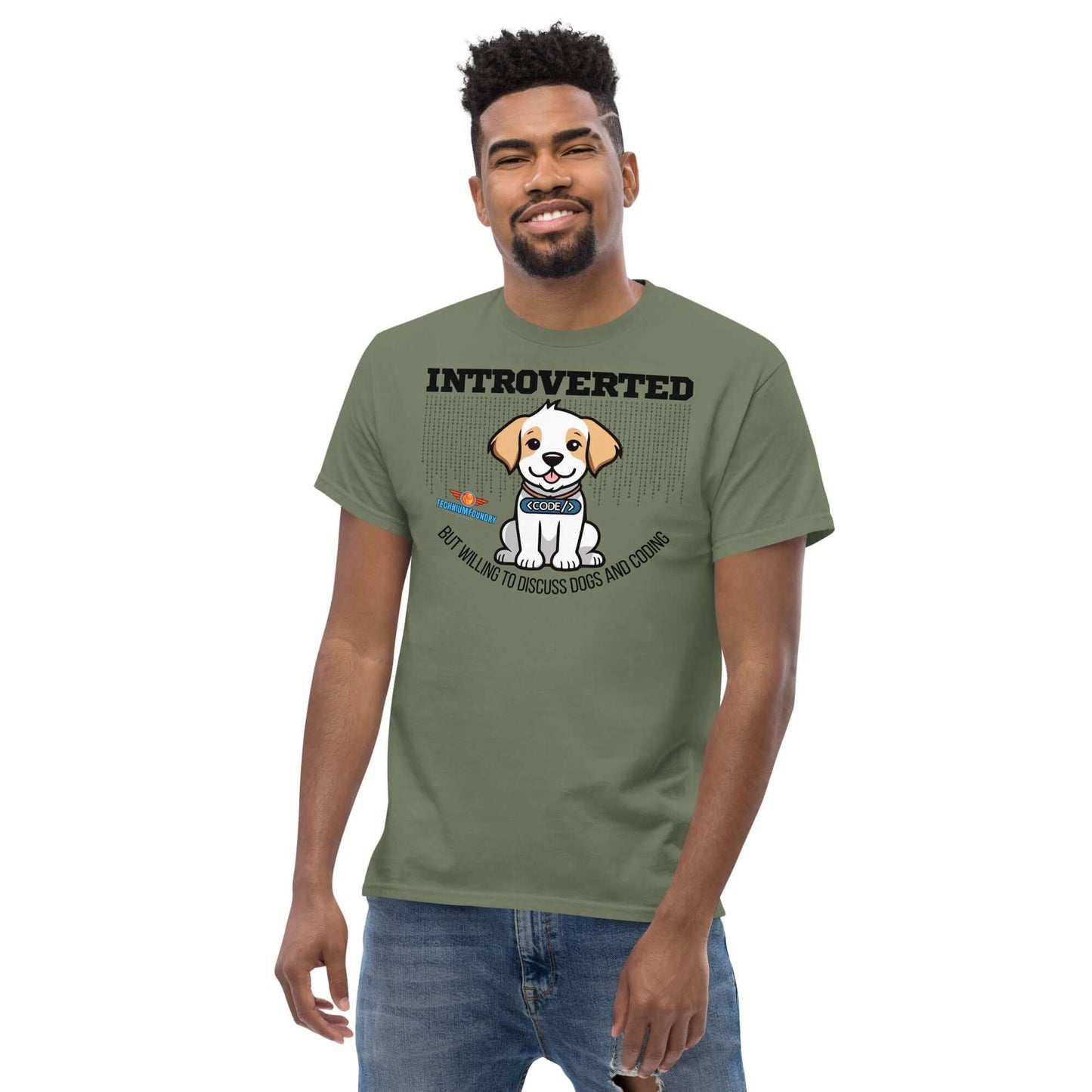 Man wearing olive green "Introverted (But Willing To Discuss Dogs)" tee with cute puppy graphic, part of Technium Foundry's apparel collection.