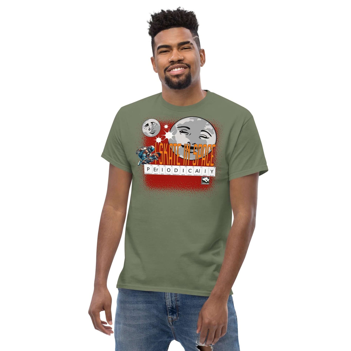 Man wearing green Skate in Space Periodically T-Shirt with moon and astronaut design by Technium Foundry.