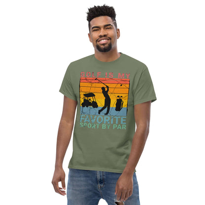 Man wearing olive green 'Golf is My Favorite Sport By Par' t-shirt with retro sunset and golf silhouette design.