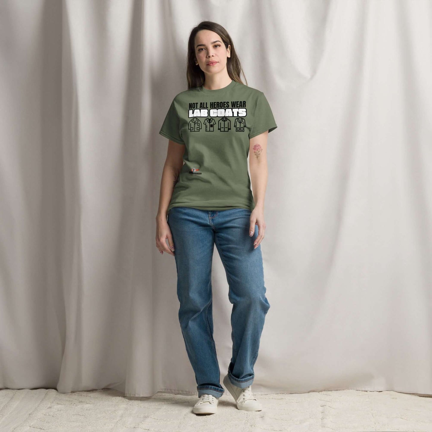 Not All Heroes Wear Lab Coats Science Humor T-Shirt | STEM Professional Apparel Color: Military Green T-Shirt Size: S Apparel & Accessories Technium Foundry