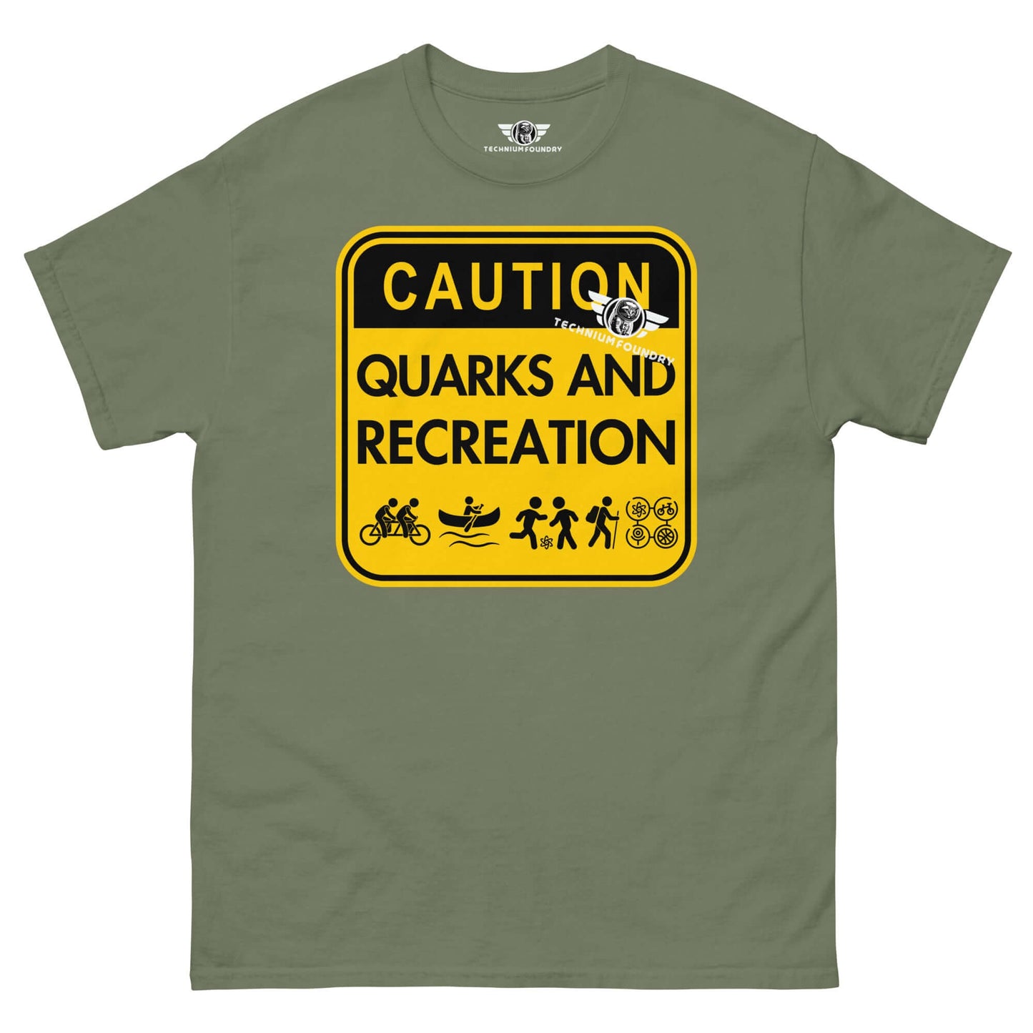 Quarks and Recreation | Physics Meets Parks & Rec | Particle Physics Warning Sign Humor Color: Military Green T-Shirt Size: S Apparel & Accessories Technium Foundry