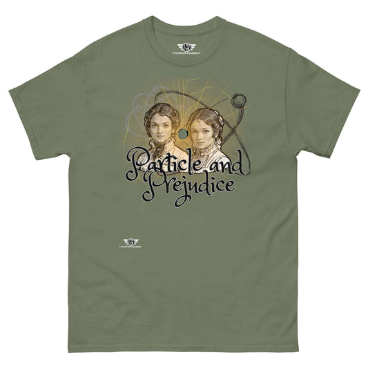 Particle and Prejudice Literature & Physics Fusion T-Shirt | Classic Romance Meets Quantum Science Color: Military Green T-Shirt Size: S Apparel & Accessories Technium Foundry