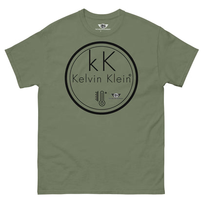 Kelvin Klein Temperature Scale Fashion Parody T-Shirt | Scientific Humor Apparel Color: Military Green T-Shirt Size: S Apparel & Accessories Technium Foundry