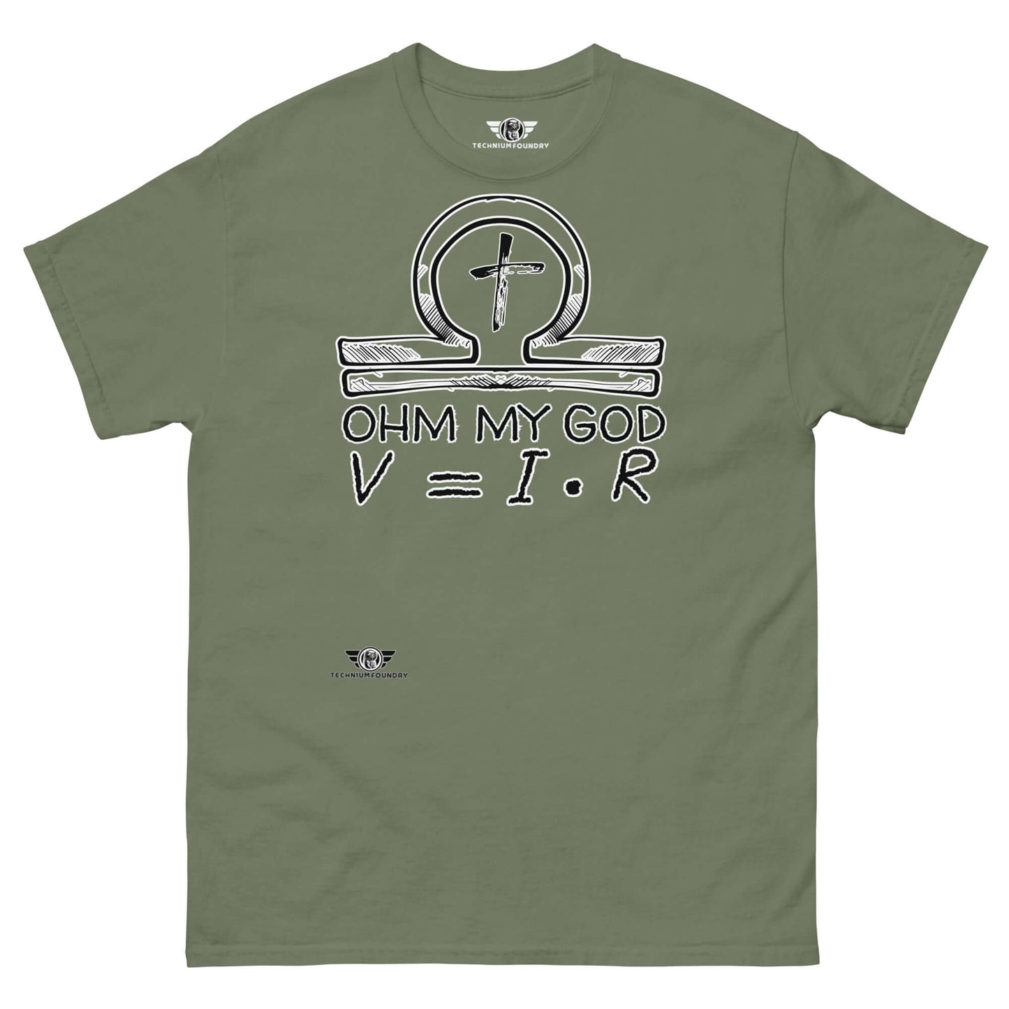 Ohm My God - Physics Meets Faith T-Shirt | Ohm's Law Religious Humor Color: Military Green T-Shirt Size: S Apparel & Accessories Technium Foundry