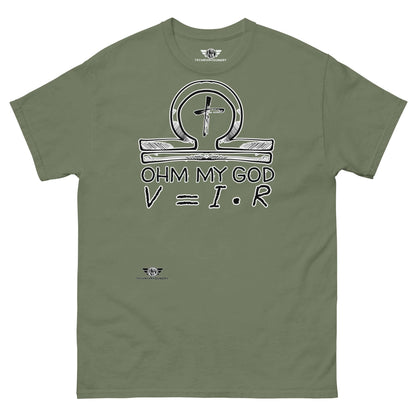 Ohm My God - Physics Meets Faith T-Shirt | Ohm's Law Religious Humor Color: Military Green T-Shirt Size: S Apparel & Accessories Technium Foundry