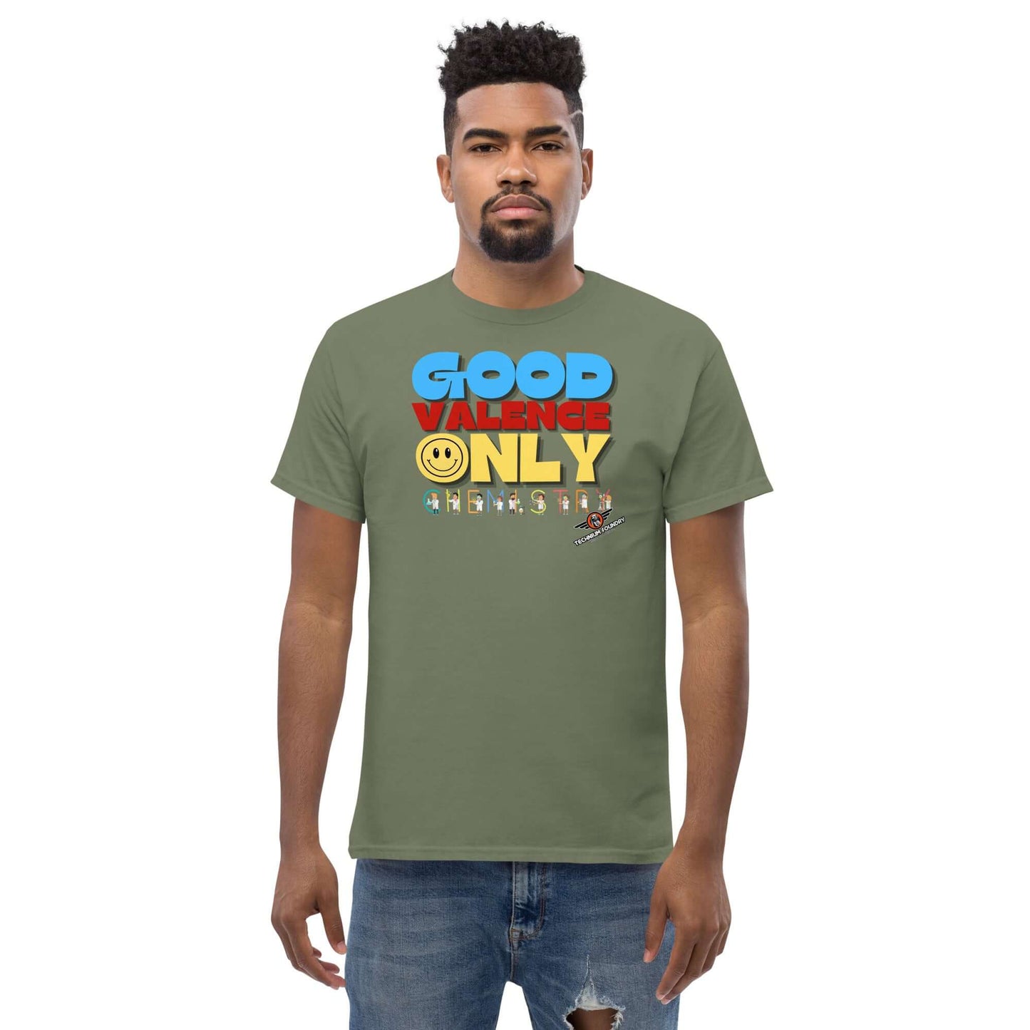 Good Valence Only Chemistry T-Shirt | Periodic Positivity with Lab Scientists Color: Black T-Shirt Size: S Apparel & Accessories Technium Foundry