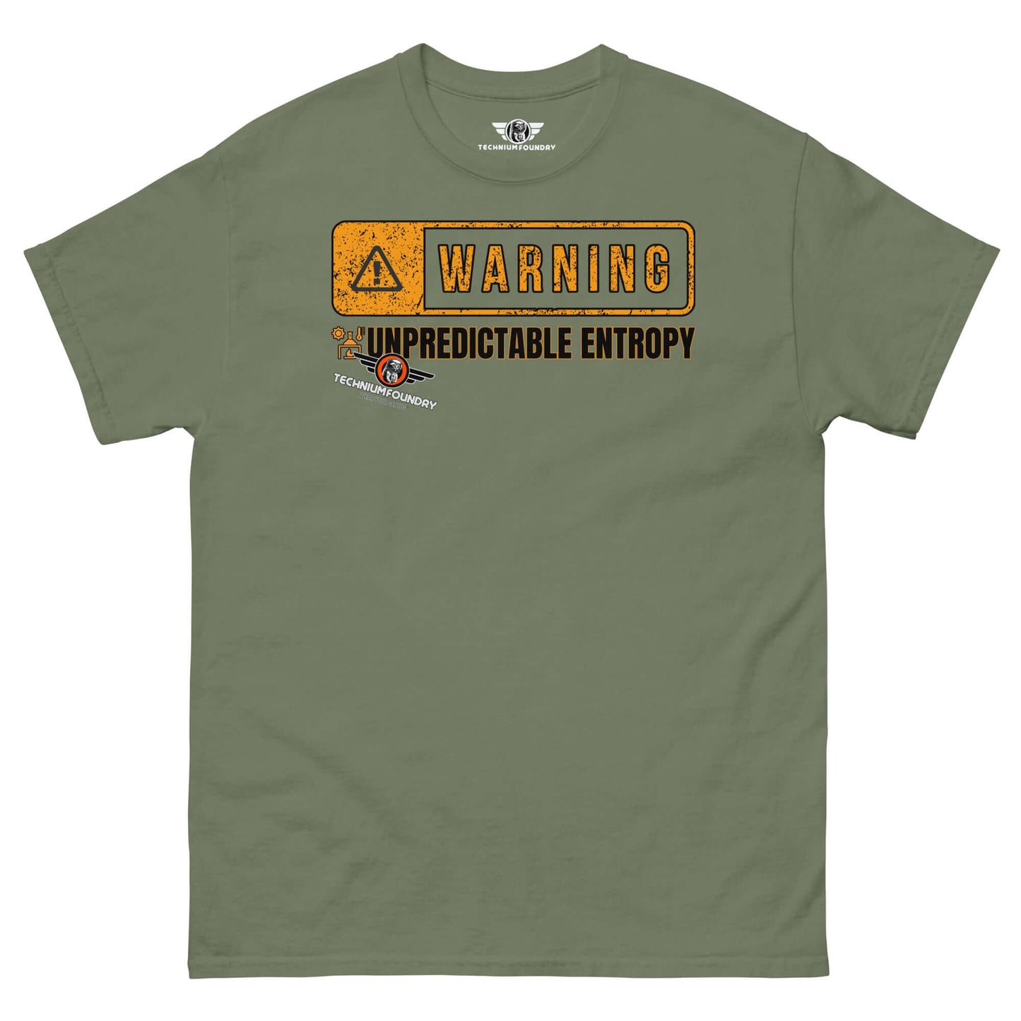 Warning: Unpredictable Entropy T-Shirt | Thermodynamics Hazard Sign Humor Color: Military Green T-Shirt Size: S Apparel & Accessories Technium Foundry