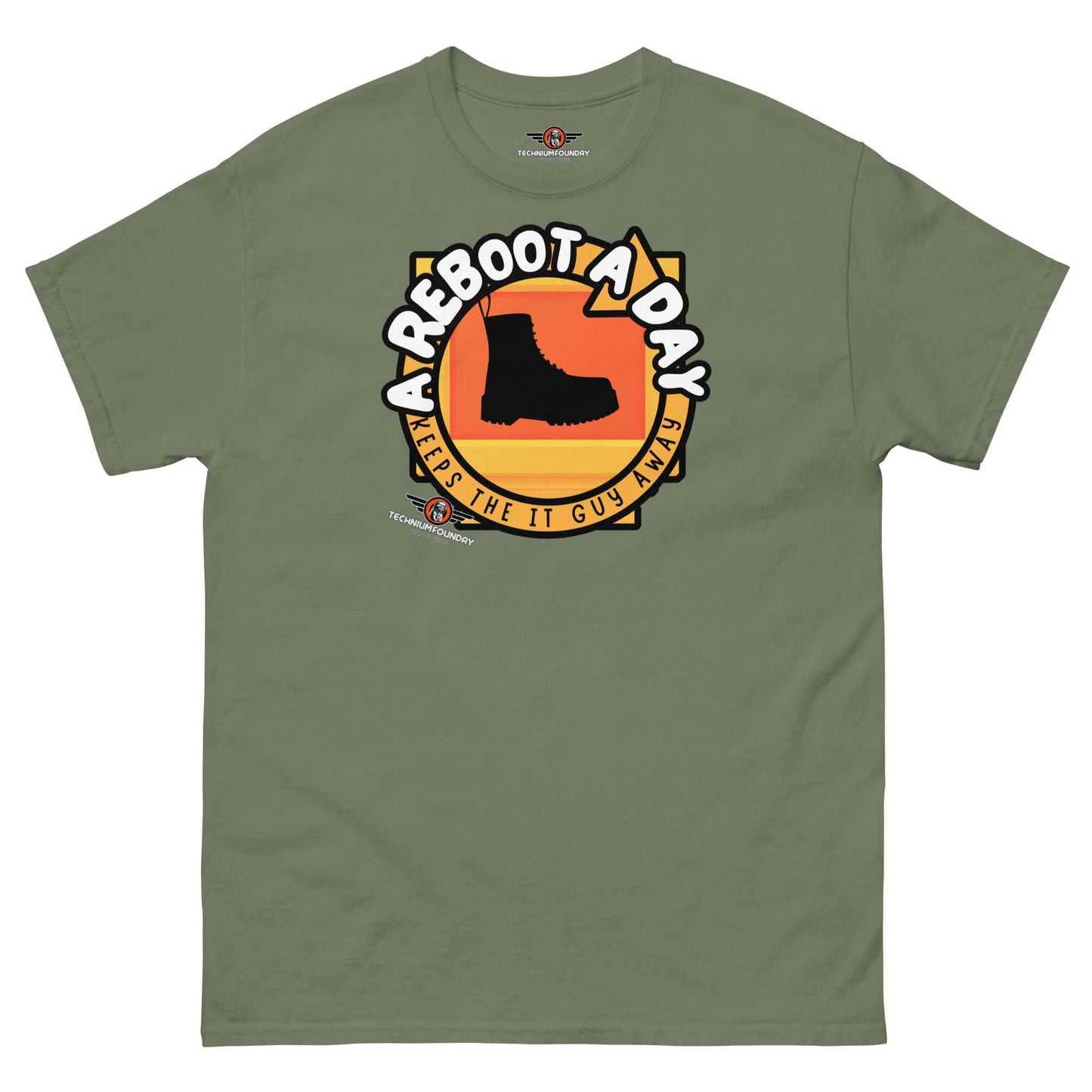 A Reboot A Day - IT Support Humor T-Shirt | Tech Help Desk Boot Design Color: Military Green T-Shirt Size: S Apparel & Accessories Technium Foundry